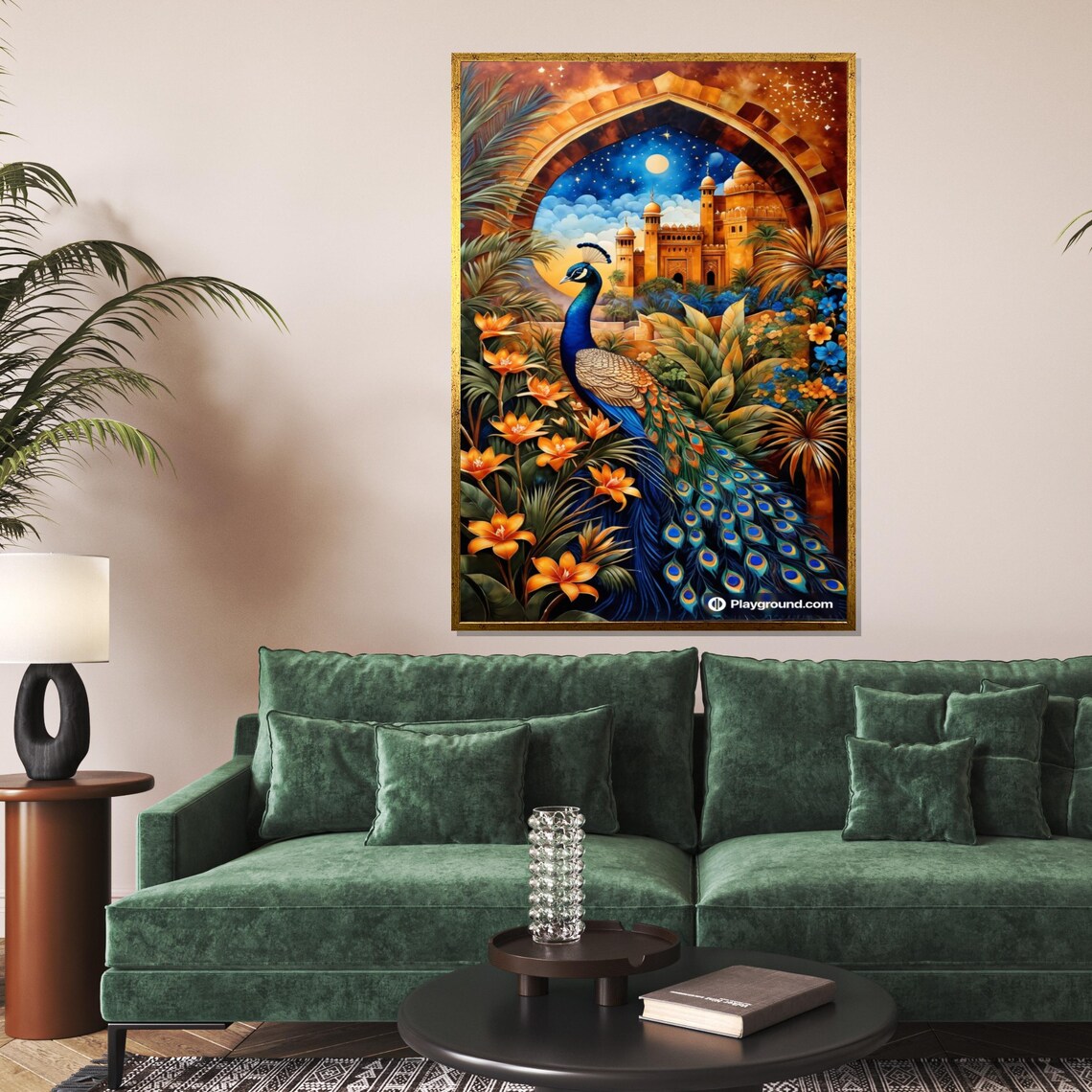 Peacock Palace Arch Night Orange Flowers Exotic Bird Art Poster