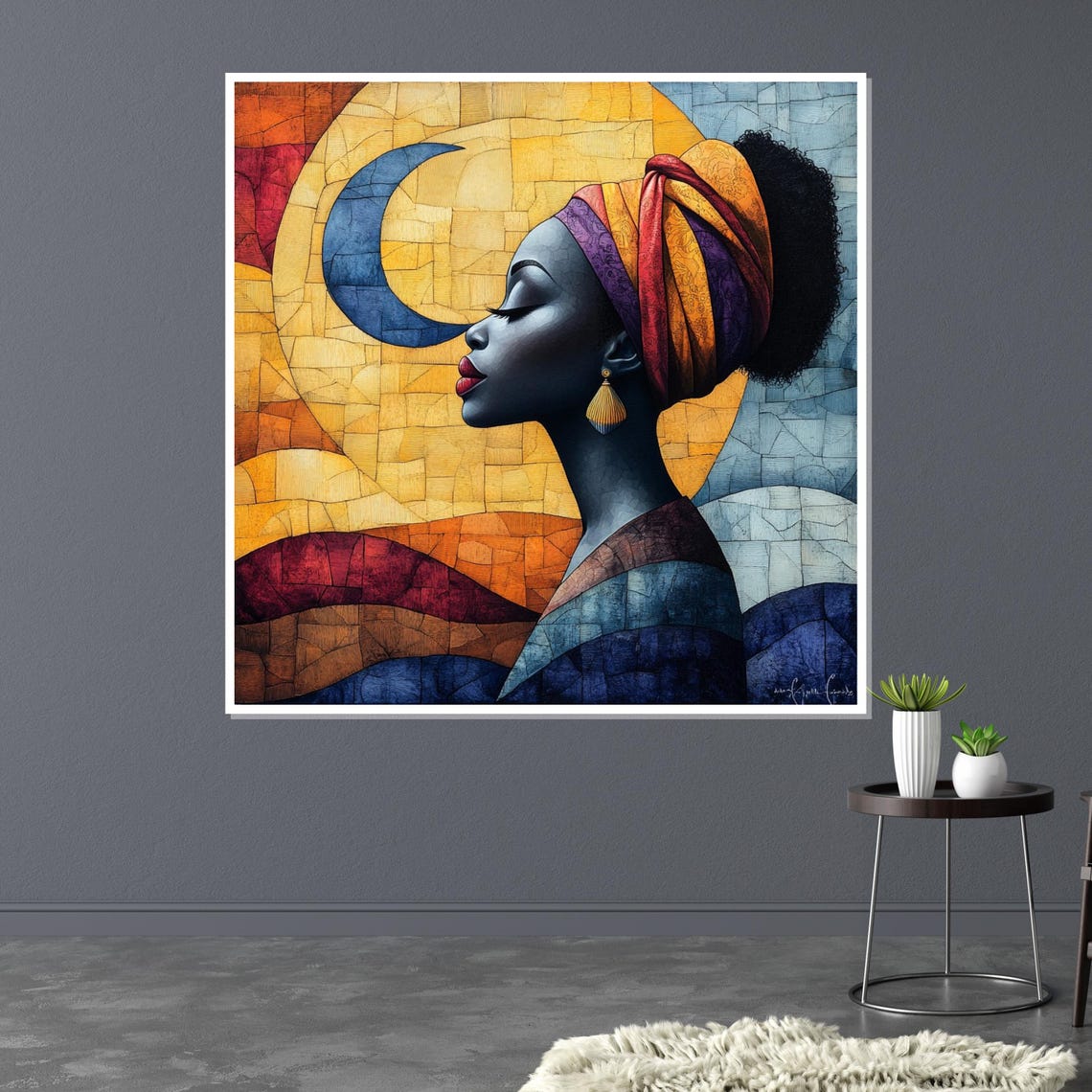 Moonlit Mosaic Woman Headwrap Crescent Moon Ethnic Art Poster - Image 3