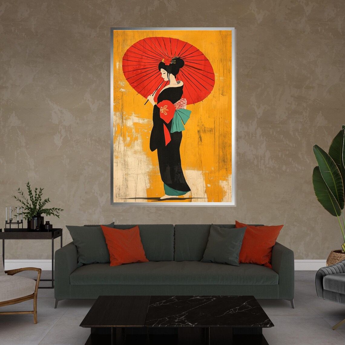 Japanese Geisha Red Parasol Kimono Elegant Asian Woman Portrait Poster - Image 4