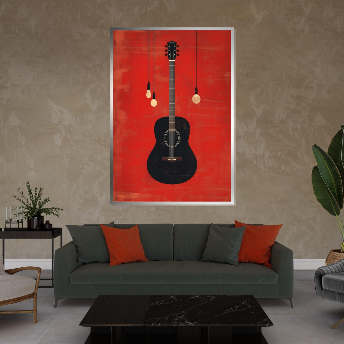 Black Acoustic Guitar on Bold Red Background Music Room Poster - Image 4