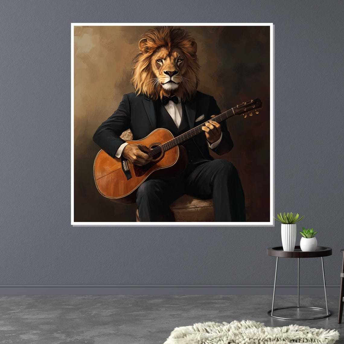 Lion in Tuxedo Playing Guitar Funny Whimsical Animal Portrait Poster - Image 3
