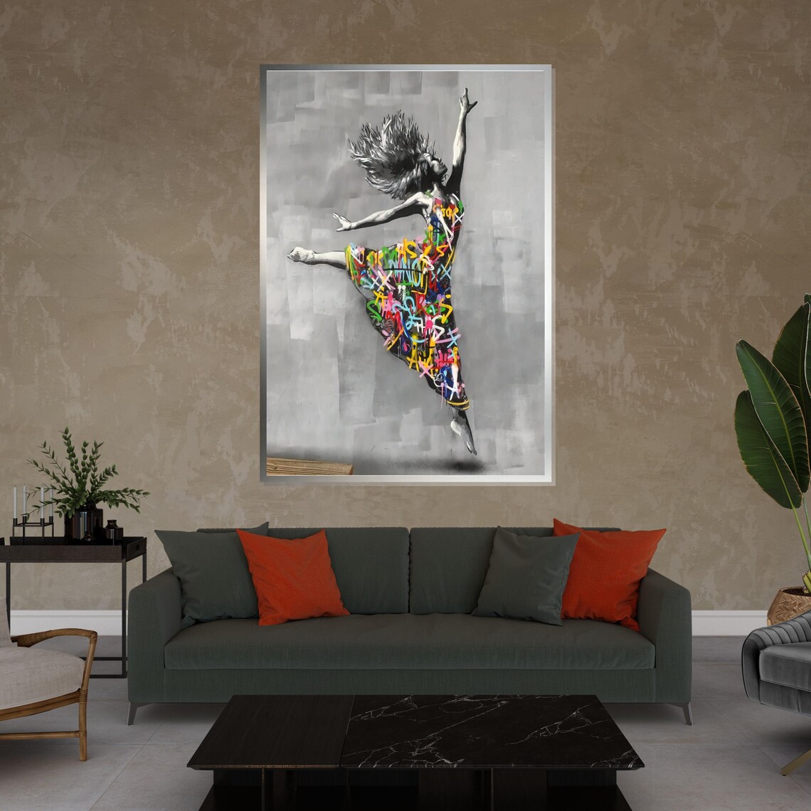 Leaping Dancer In Graffiti Dress Street Art Monochrome Dance Poster - Image 4