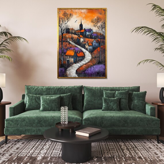 Autumn Village Winding Road Orange Rooftops Colorful Town Poster