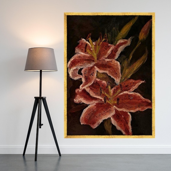 Elegant Red Lily Canvas Wall Art Floral Botanical Painting Dark Background Flower Decor Home Decoration Ready To Hang