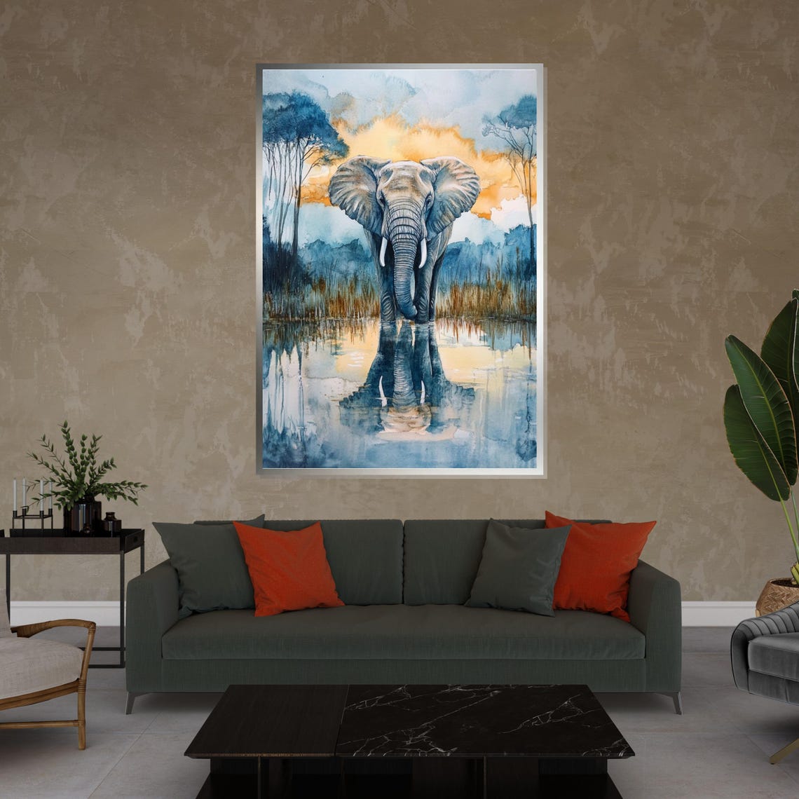 Elephant Watercolor Sunset Reflection Gentle Safari Art Poster - Image 4