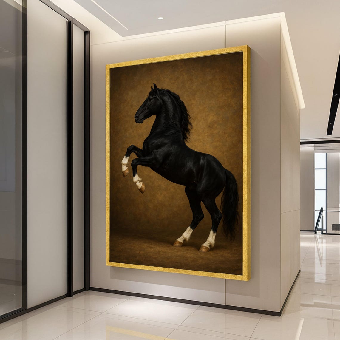 Black Stallion Rearing Majestic Horse Golden Equine Art Poster