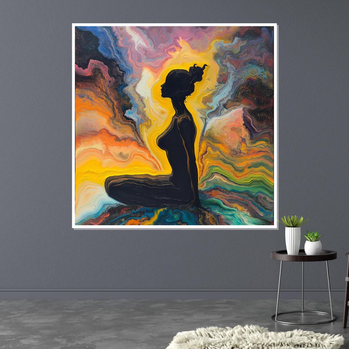Meditating Woman Silhouette Cosmic Marble Swirl Colorful Wall Art - Image 3
