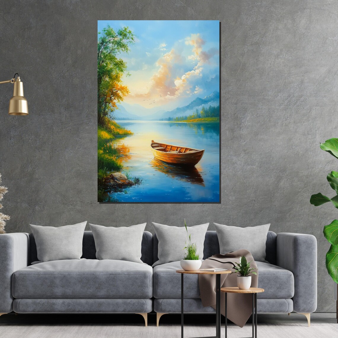 Golden Wooden Rowboat on Calm Blue Lake Sunrise Reflections Poster - Image 2