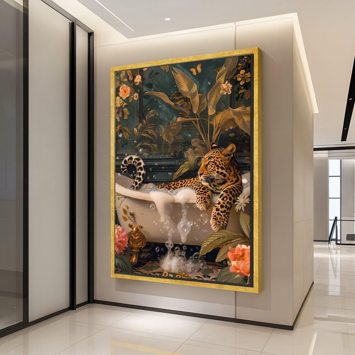 Relaxed Leopard in Bathtub Art Print, Tropical Decor