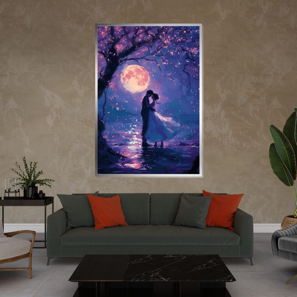 Moonlit Lovers Embracing Under Full Moon Purple Night Dream Poster - Image 4