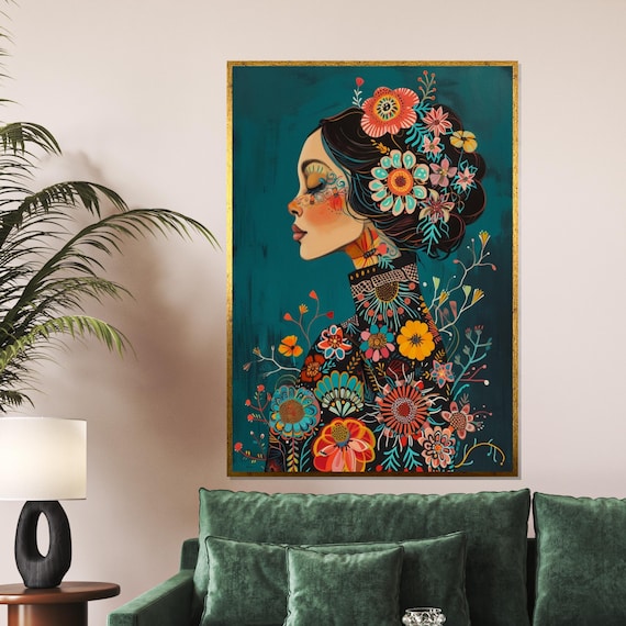 Bohemian Floral Woman Profile Vibrant Teal Portrait Art Poster