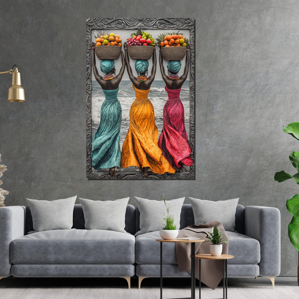 Three Women Fruit Baskets Colorful African Beach Scene Art Poster - Image 2