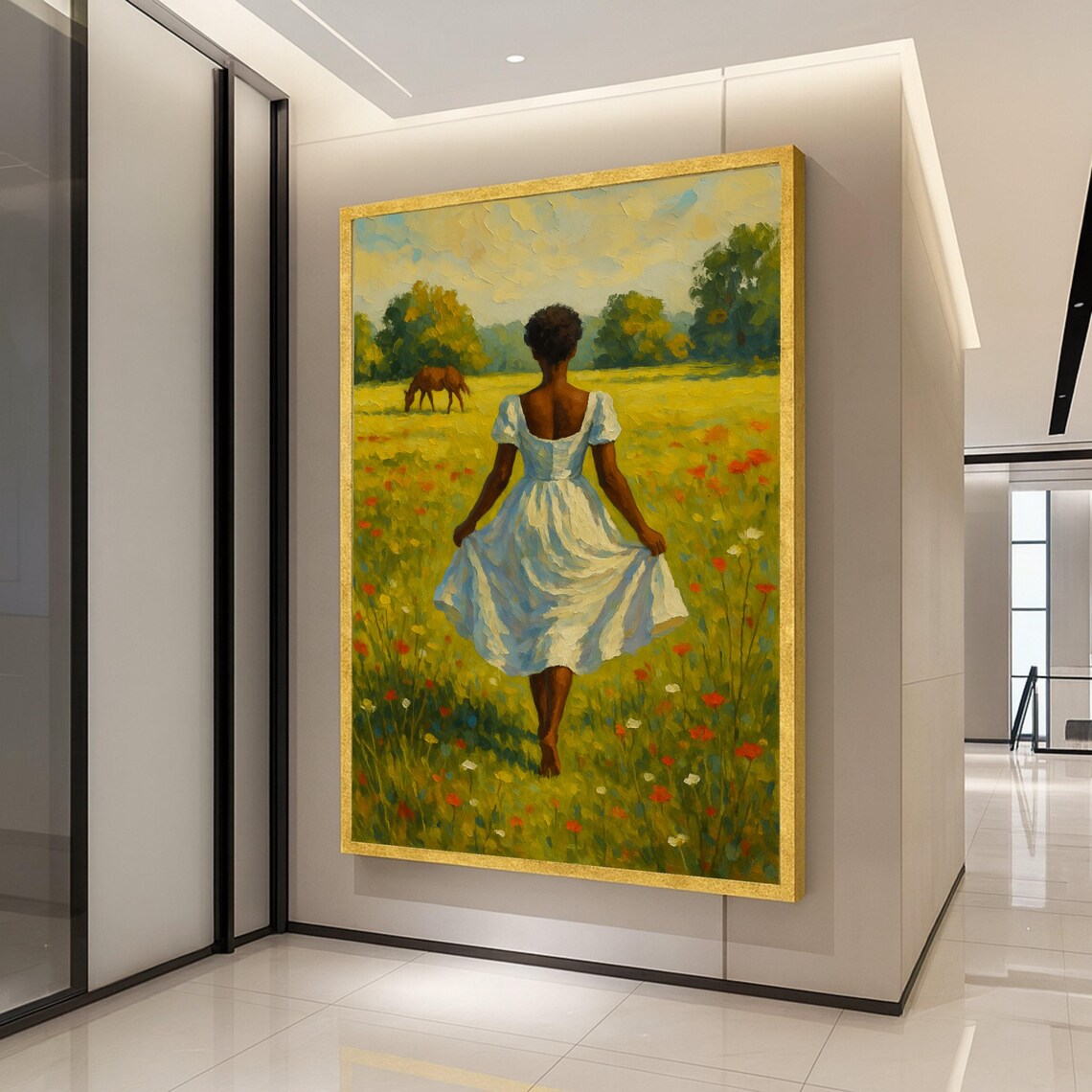 Woman Walking Wildflower Meadow Horse Summer Oil Painting Wall Art
