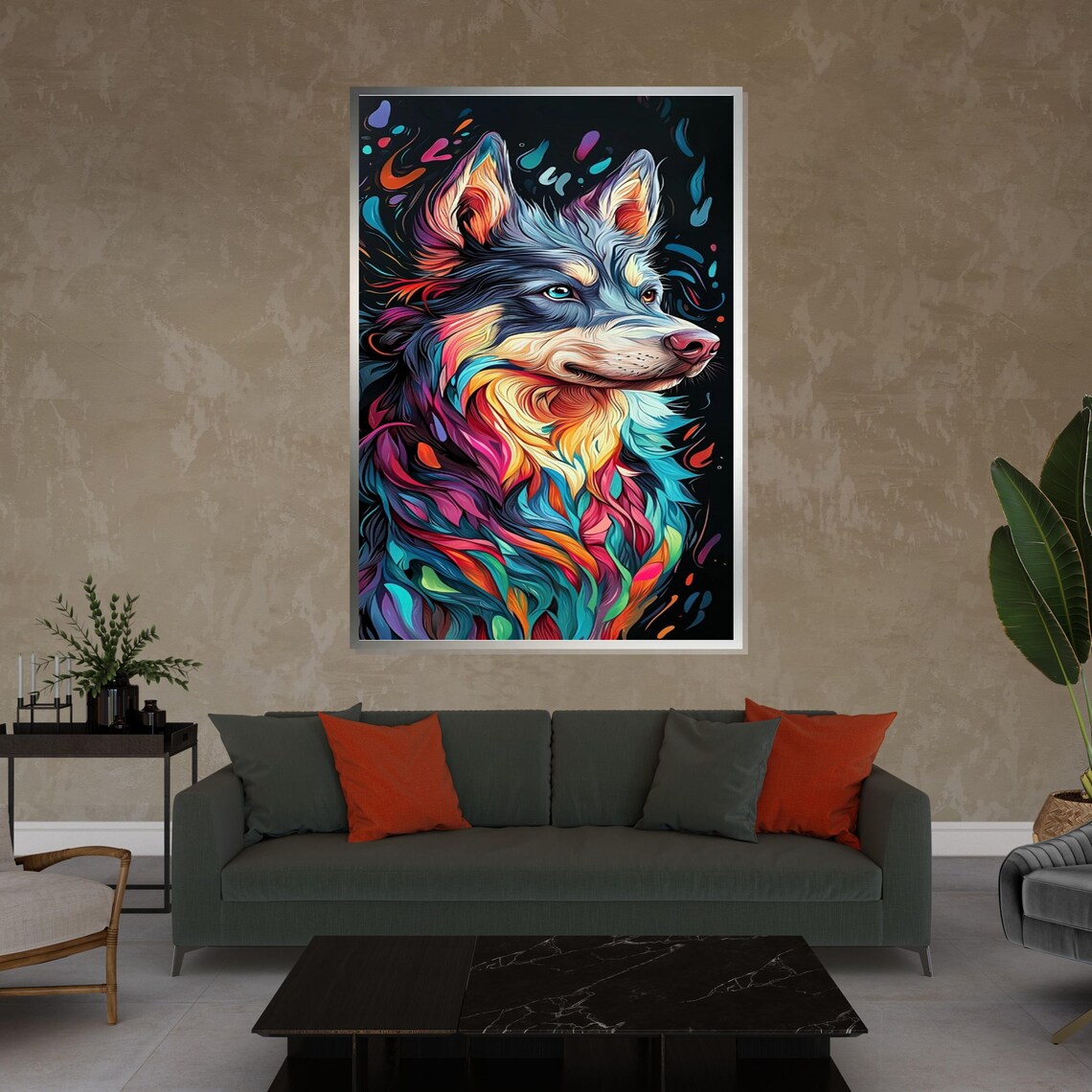 Colorful Wolf Portrait Neon Abstract Swirls Modern Canine Art Poster - Image 4