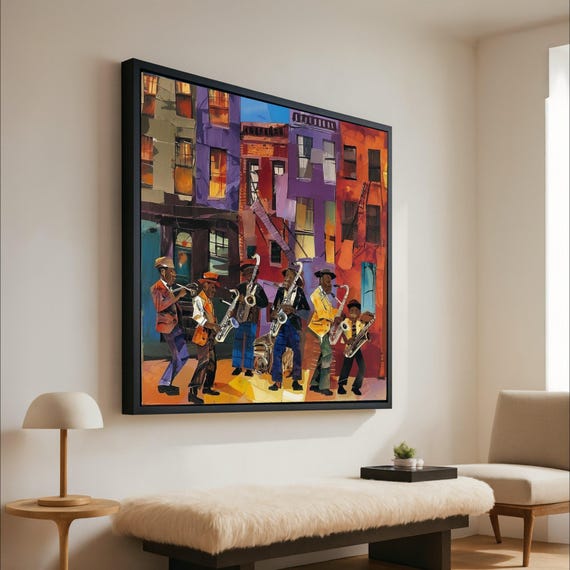 Vibrant Jazz Band Street Scene Canvas Urban Music Wall Art Colorful Cityscape Musical Instruments Artwork Home Ready To Hang