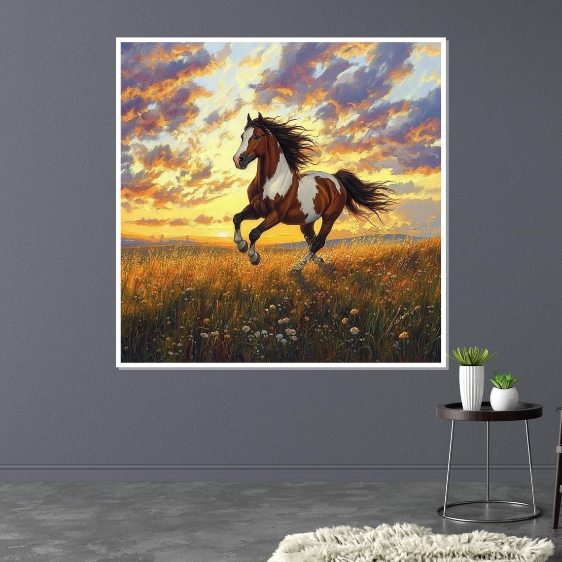 Galloping Pinto Horse At Sunset Wild Meadow Equestrian Art Poster - Image 3