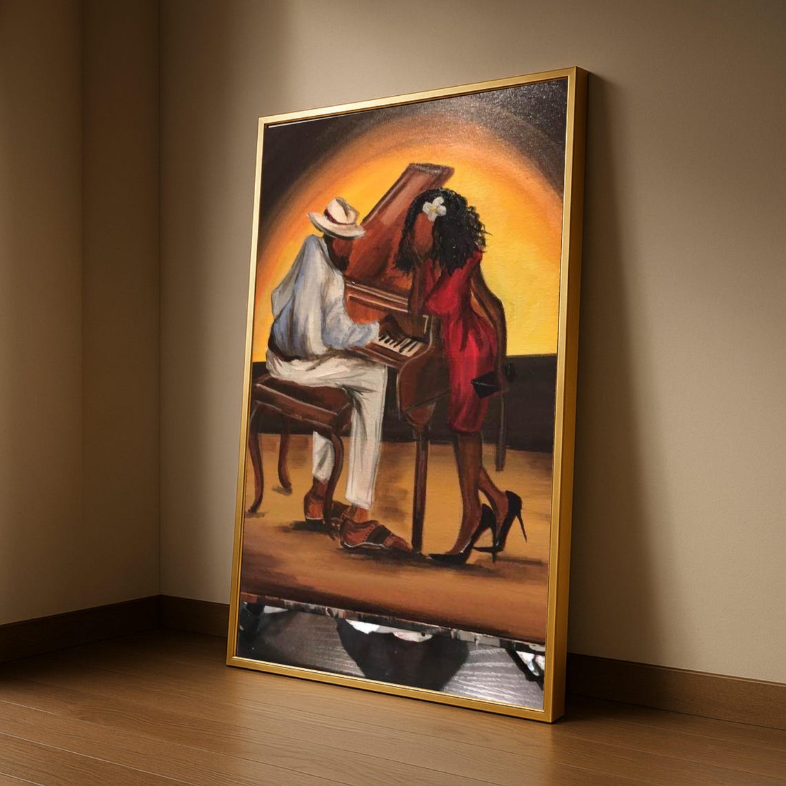 Couple at Grand Piano Warm Sunset Glow Romantic Music Poster