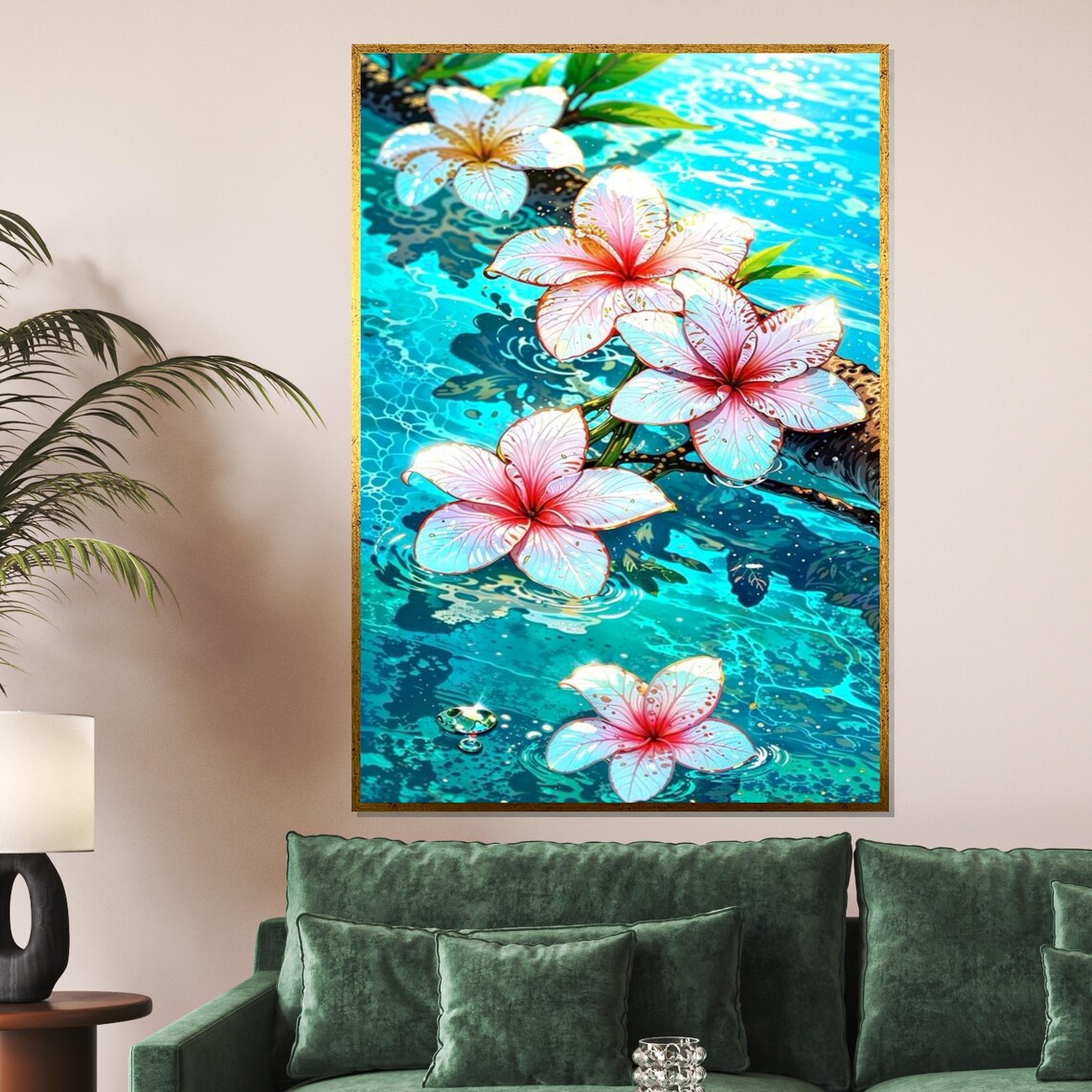 Tropical Pink Plumeria Flowers Over Turquoise Water Floral Art Poster