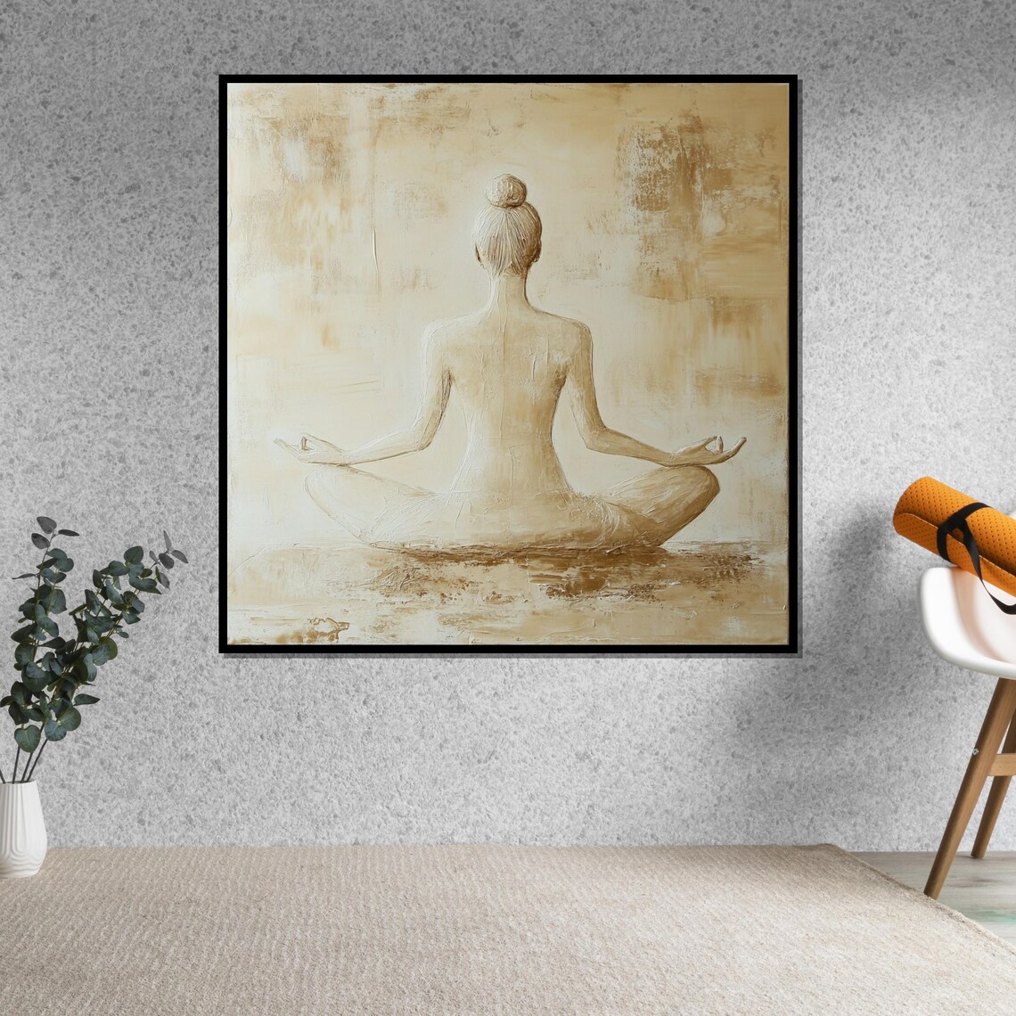 Serene Meditating Woman Back View Cream Textured Modern Art Poster - Image 5