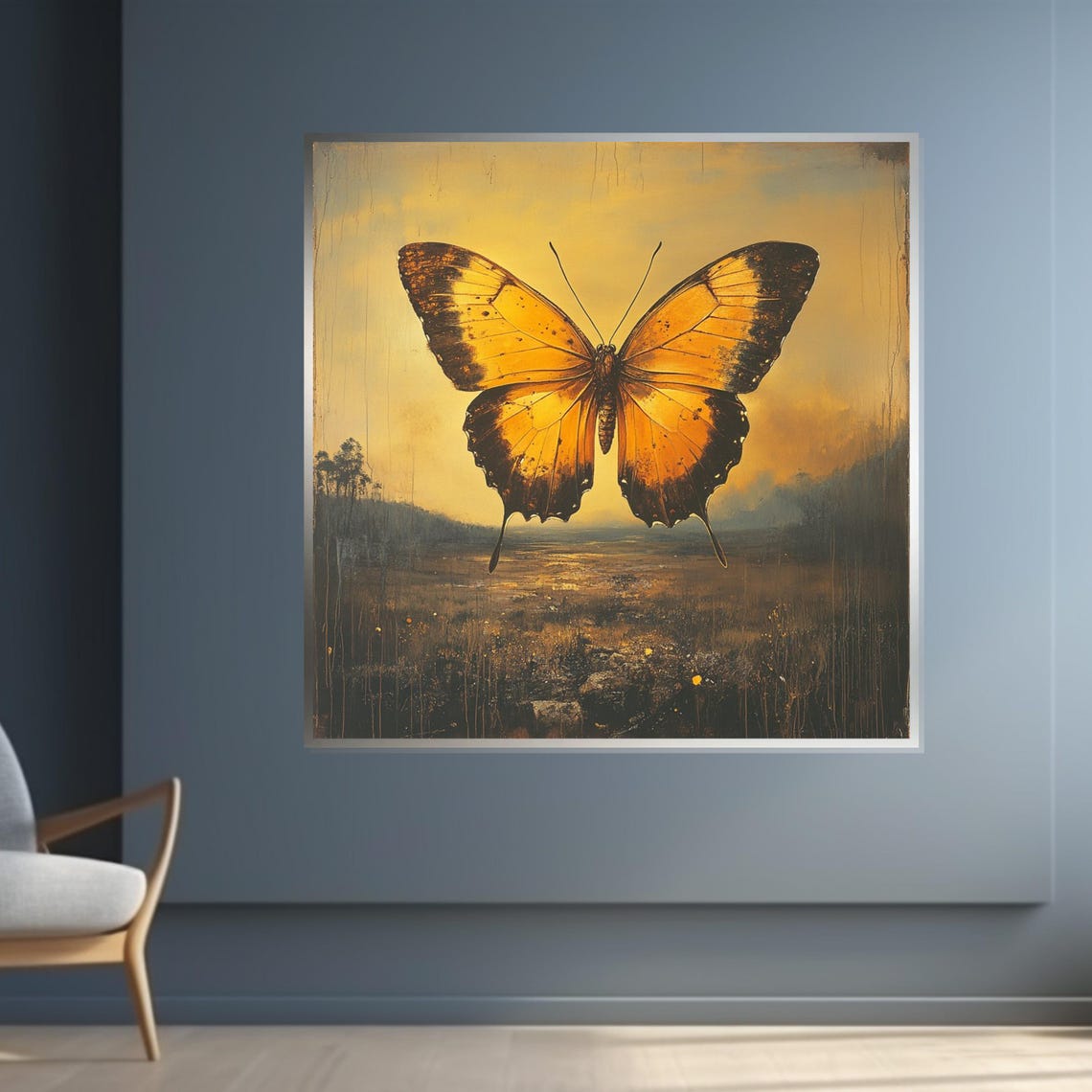 Golden Orange Butterfly Over A Sunset Landscape Nature Art Poster - Image 4