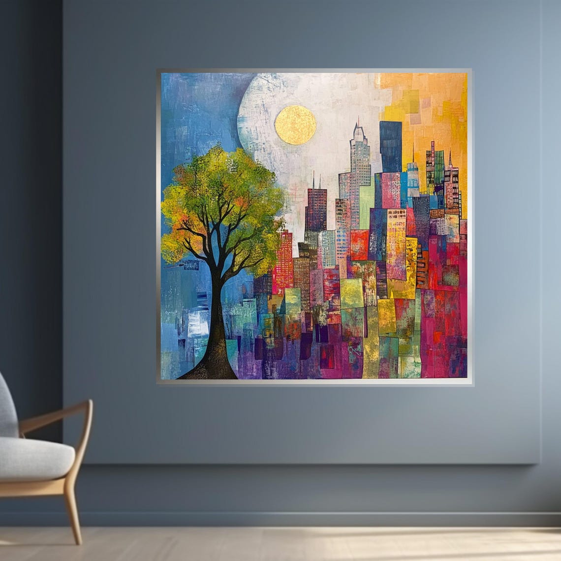 Colorful Skyline Abstract Cityscape Print Tree In Urban Setting Wall Art Design Ready To Hang Decoration - Image 4