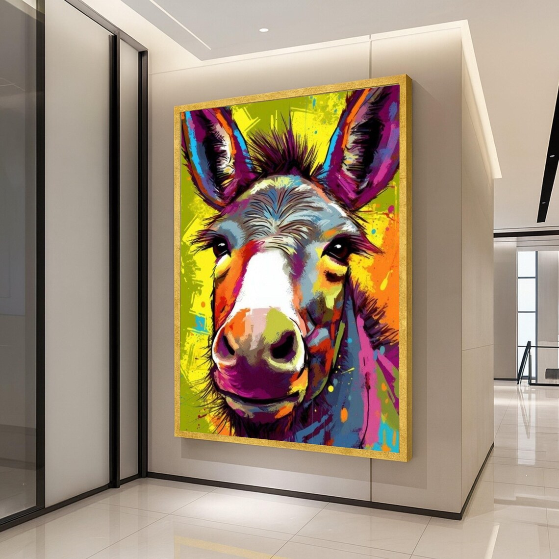 Colorful Rainbow Donkey Portrait Vibrant Pop Animal Wall Art
