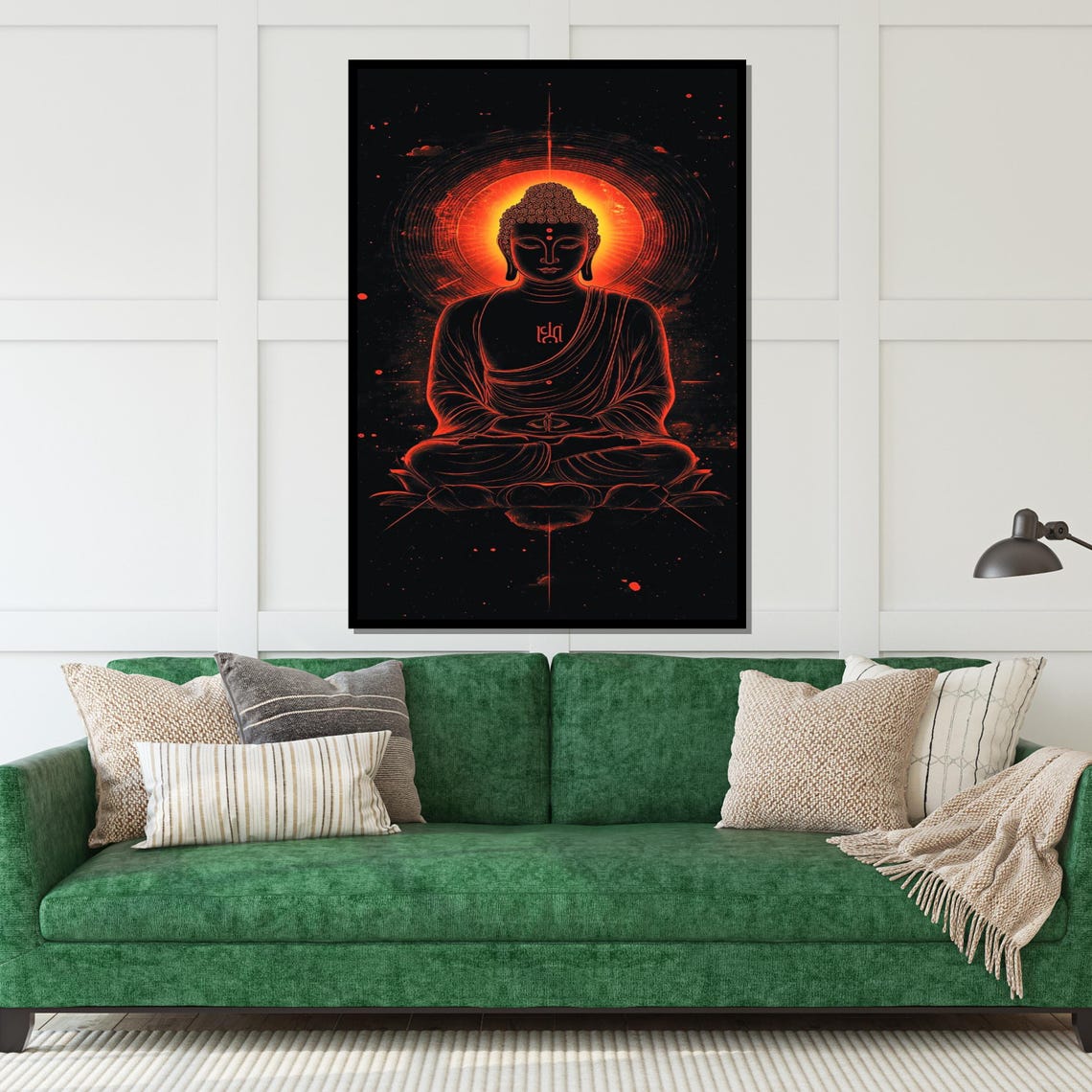 Neon Red Buddha Glowing Mandala Dark Black Background Art Poster - Image 5