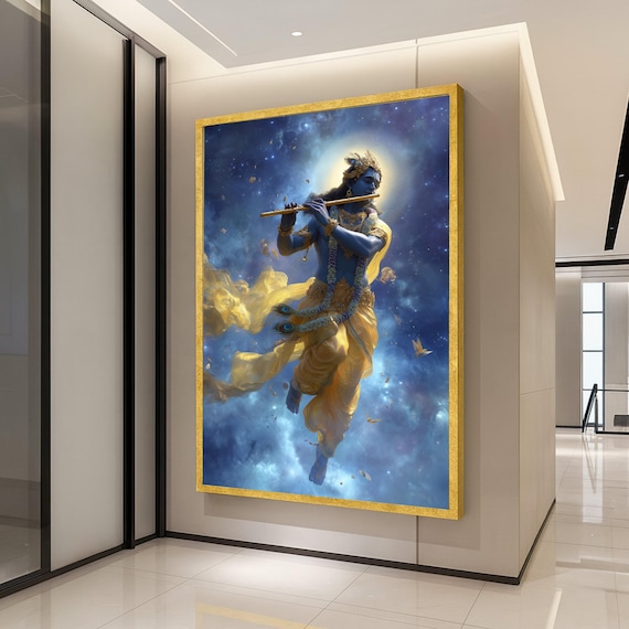 Lord Krishna Canvas Print Hindu Wall Art With Flute Spiritual Decoration Divine Decor Ready To Hang