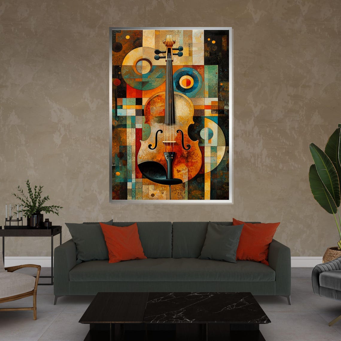 Cubist Violin Abstract Geometric Warm Tones Music Art Poster - Image 4