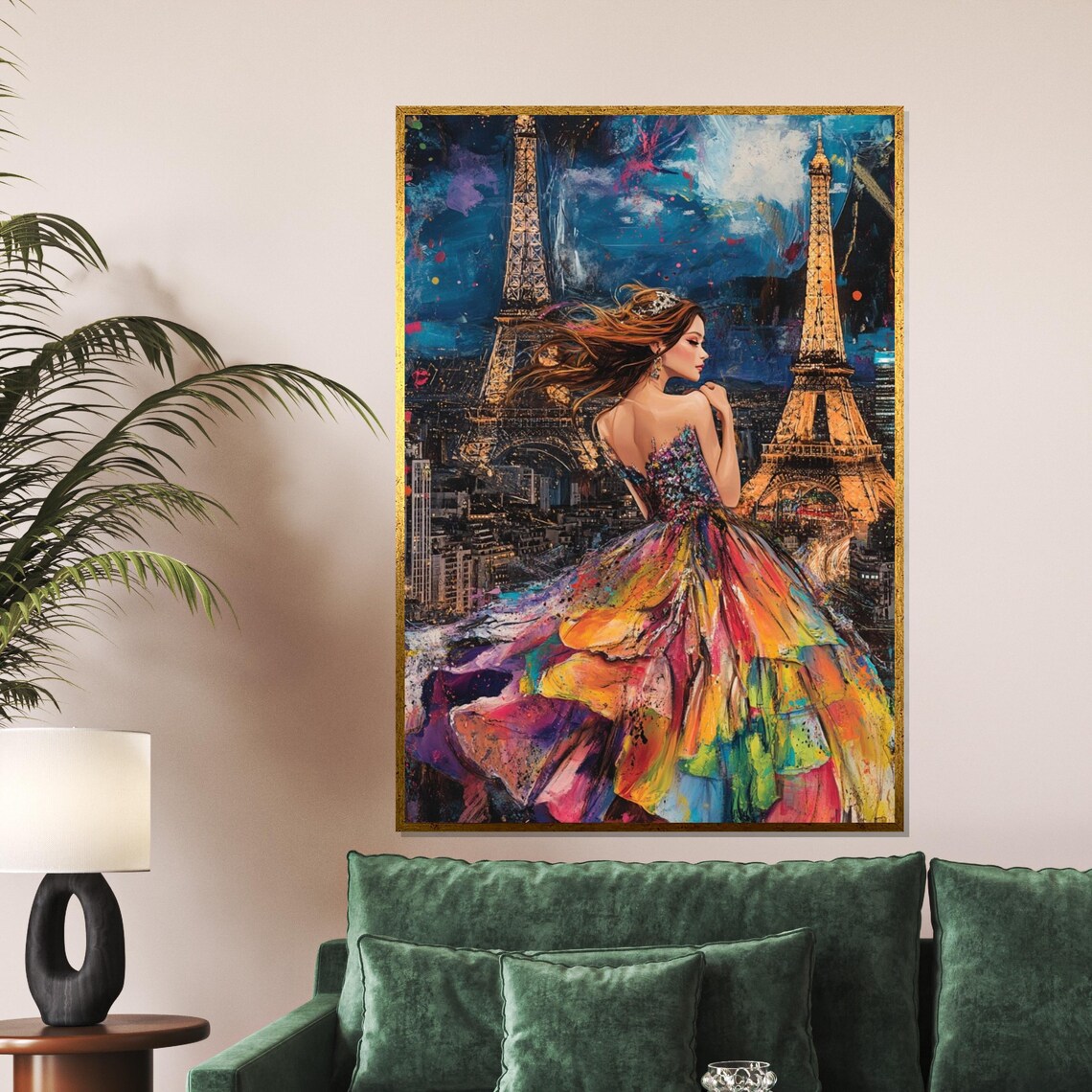 Woman In Multicolor Gown Twin Eiffel Towers Paris Night Fashion Poster