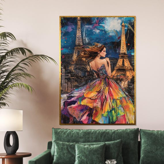 Colorful Parisian Lady Eiffel Tower Wall Art Multicolor Dress Poster Wall Art Design Ready To Hang Decoration