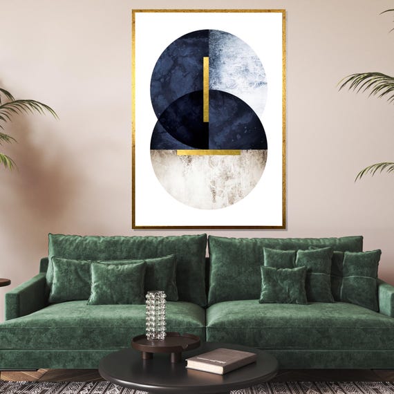Abstract Circles Modern Geometric Art Blue And Gold Wall Art Contemporary Circle Design Wall Art Ready To Hang Decor