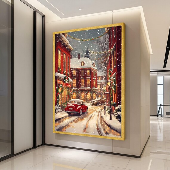 Vintage Red Car Winter Street Scene, Poster Print
