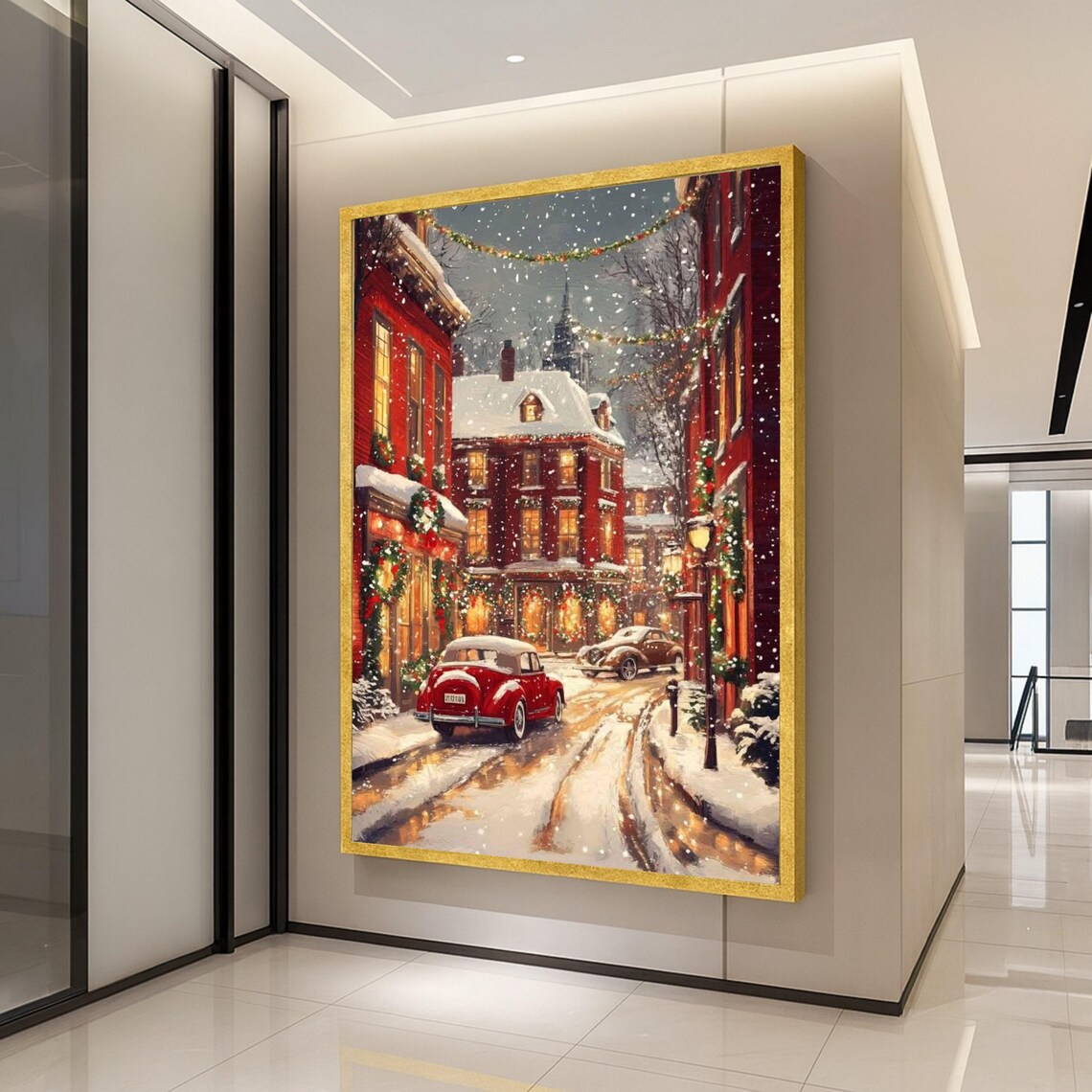 Vintage Red Car Winter Street Scene, Poster Print