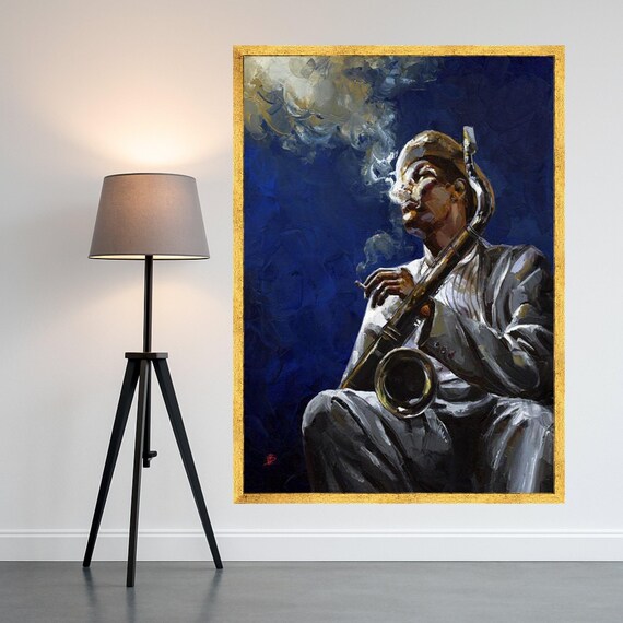 Jazz Saxophonist Blue Oil Painting Musician Portrait Art Print
