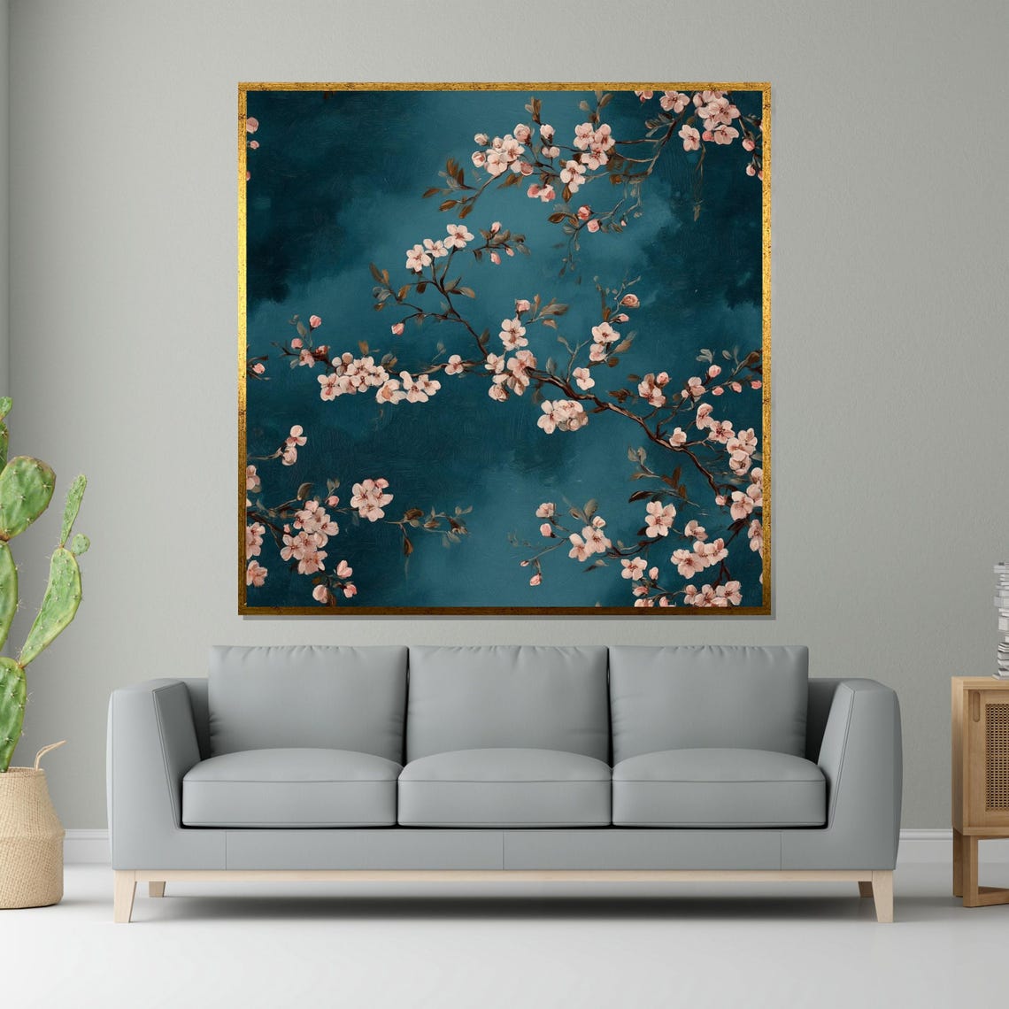 Cherry Blossoms Teal Background Square Floral Painting Poster