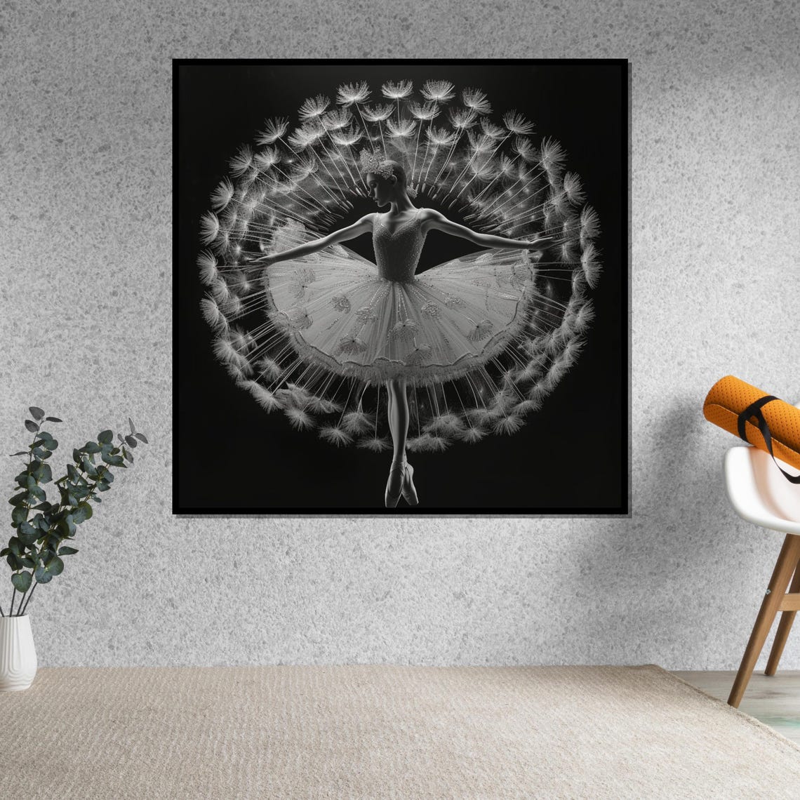 Ballerina Inside Dandelion Seed Head Black and White Art Poster - Image 5