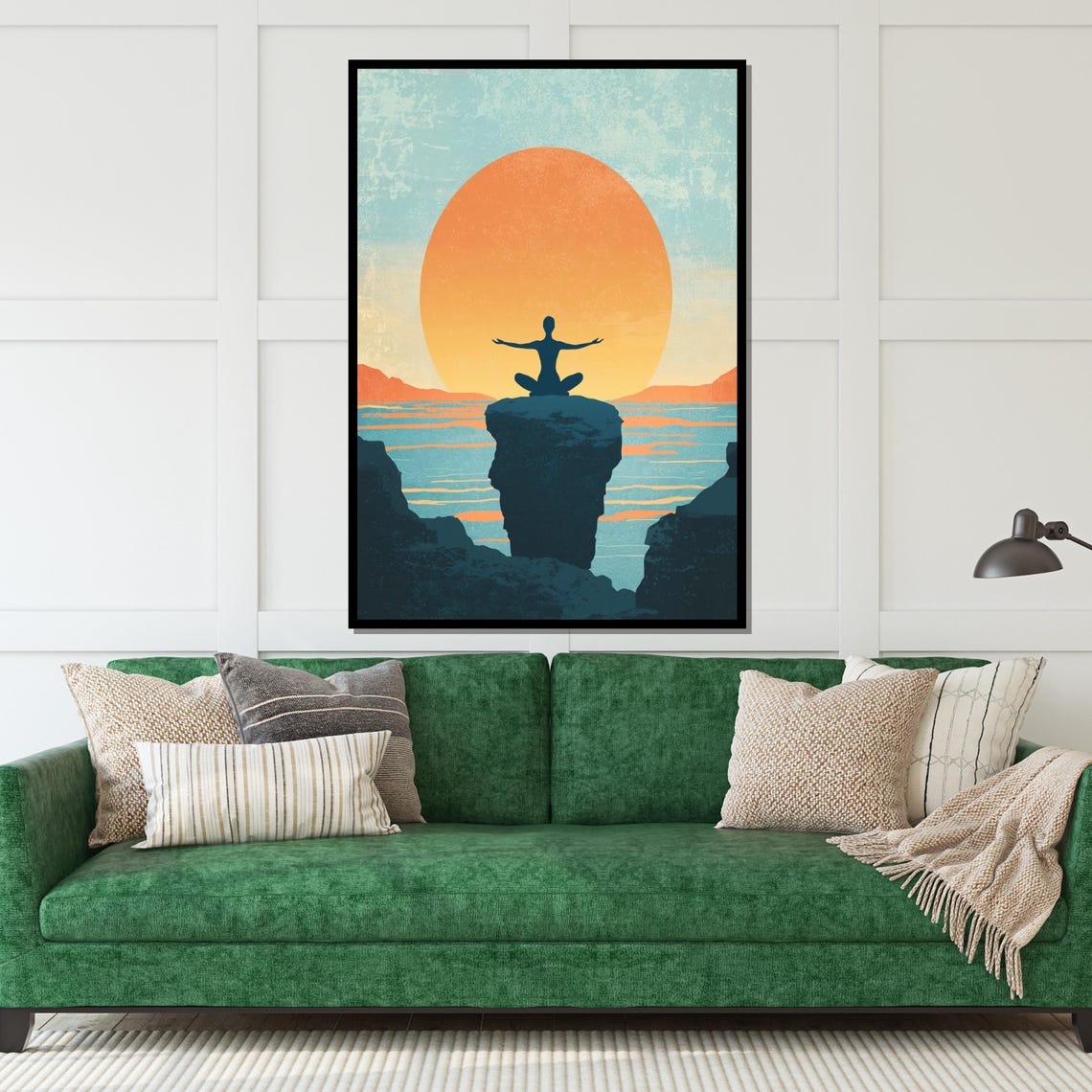 Meditator Silhouette on Cliff at Sunset Over Ocean Art Poster - Image 5