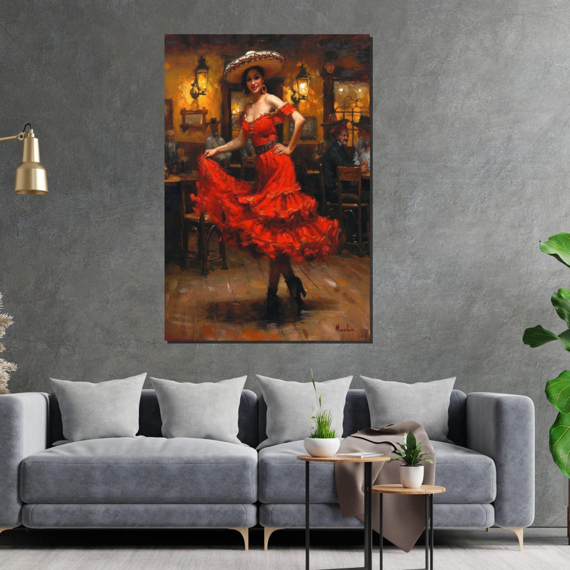 Flamenco Dancer Sombrero Red Ruffles Tavern Oil Painting Poster - Image 2