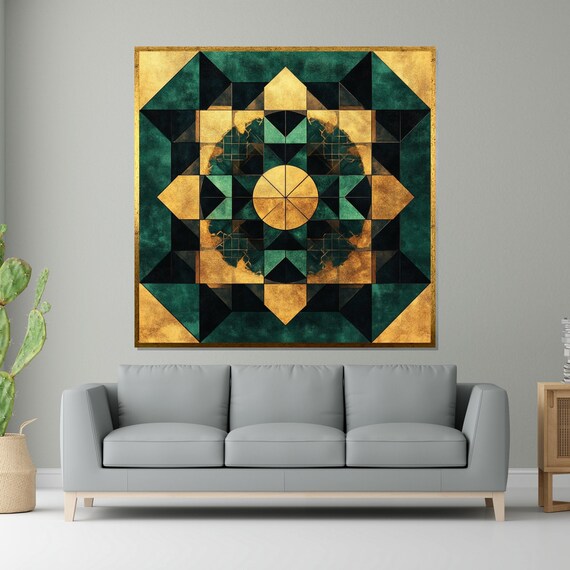 Geometric Mandala Gold And Green Abstract Art Wall Art Design Ready To Hang Decoration Modern Home Decor Unique Gift