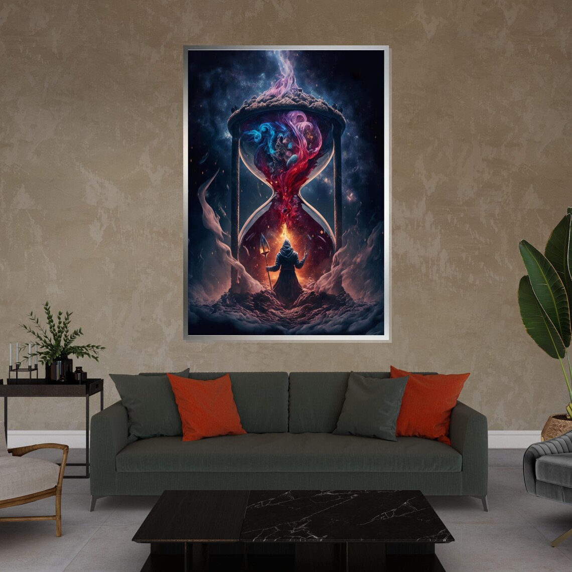 Cosmic Hourglass with Hooded Figure Dark Fantasy Time Art Poster - Image 4