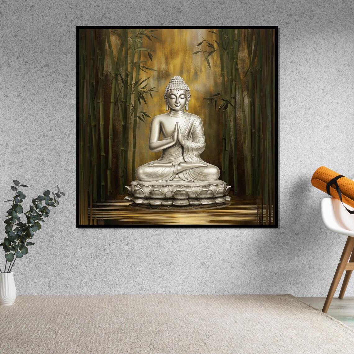 Silver Buddha in Bamboo Forest Golden Light Spiritual Art Poster - Image 5