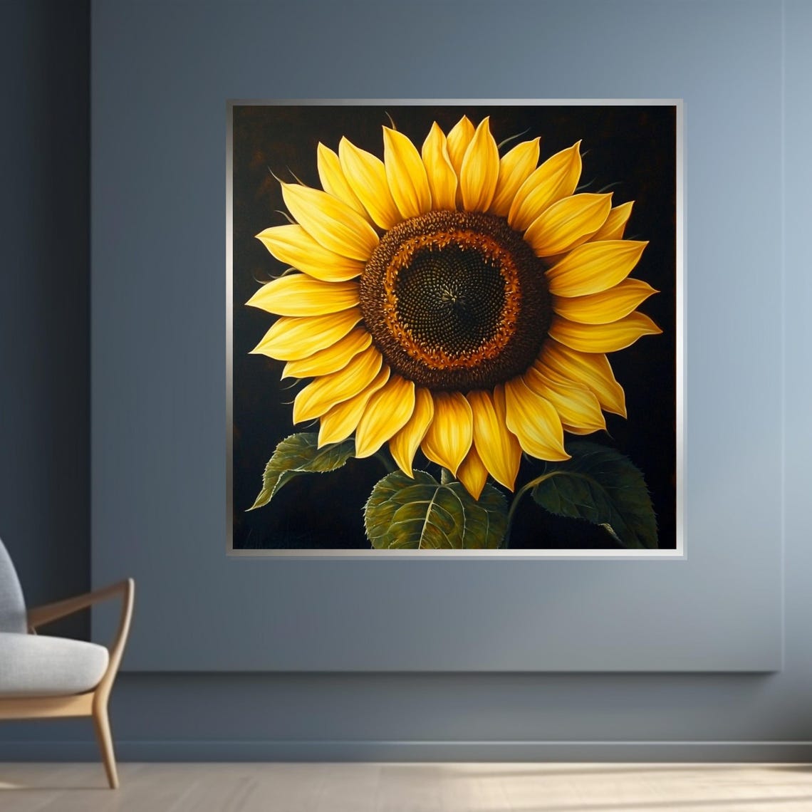 Golden Sunflower On Black Bold Botanical Floral Oversized Wall Art - Image 4