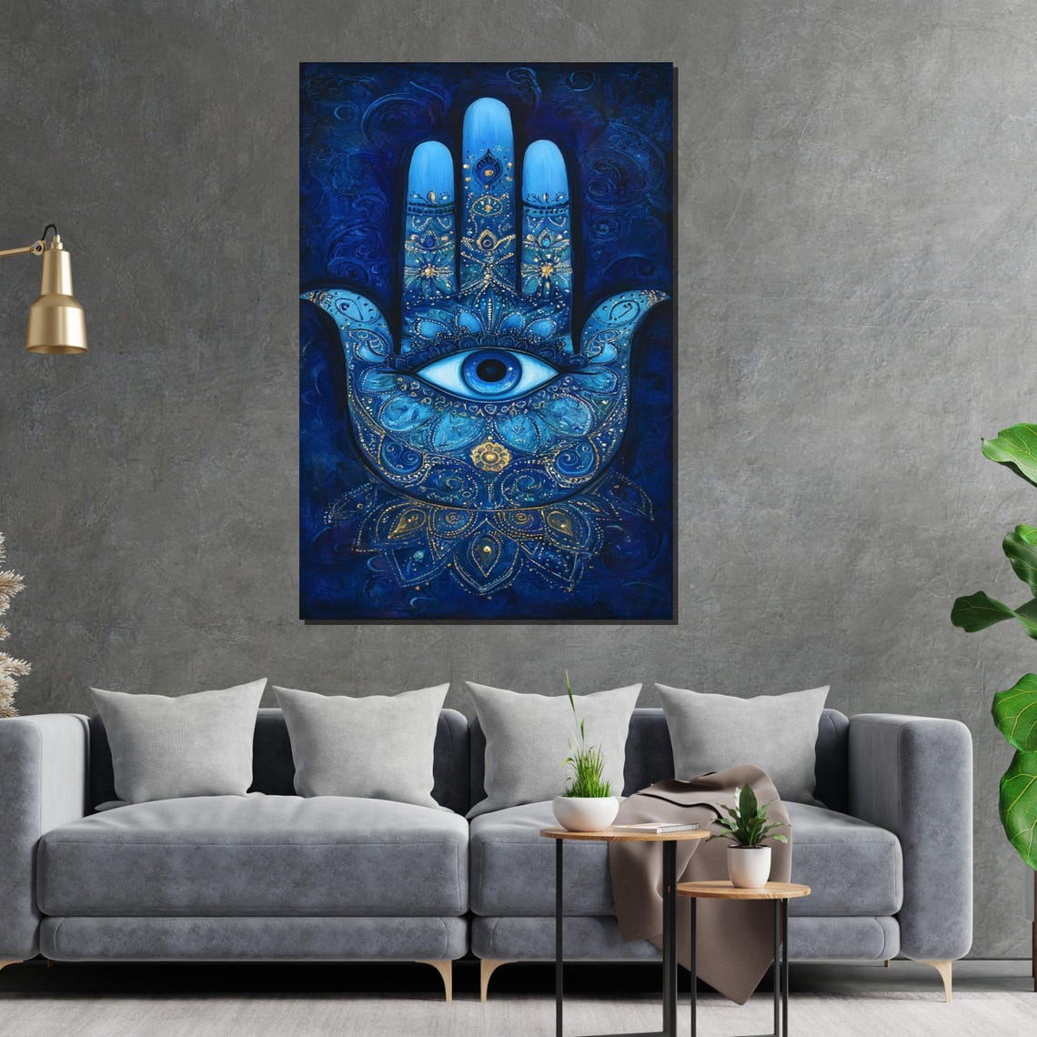 Blue Hamsa Hand Evil Eye Protection Sacred Spiritual Art Poster - Image 2