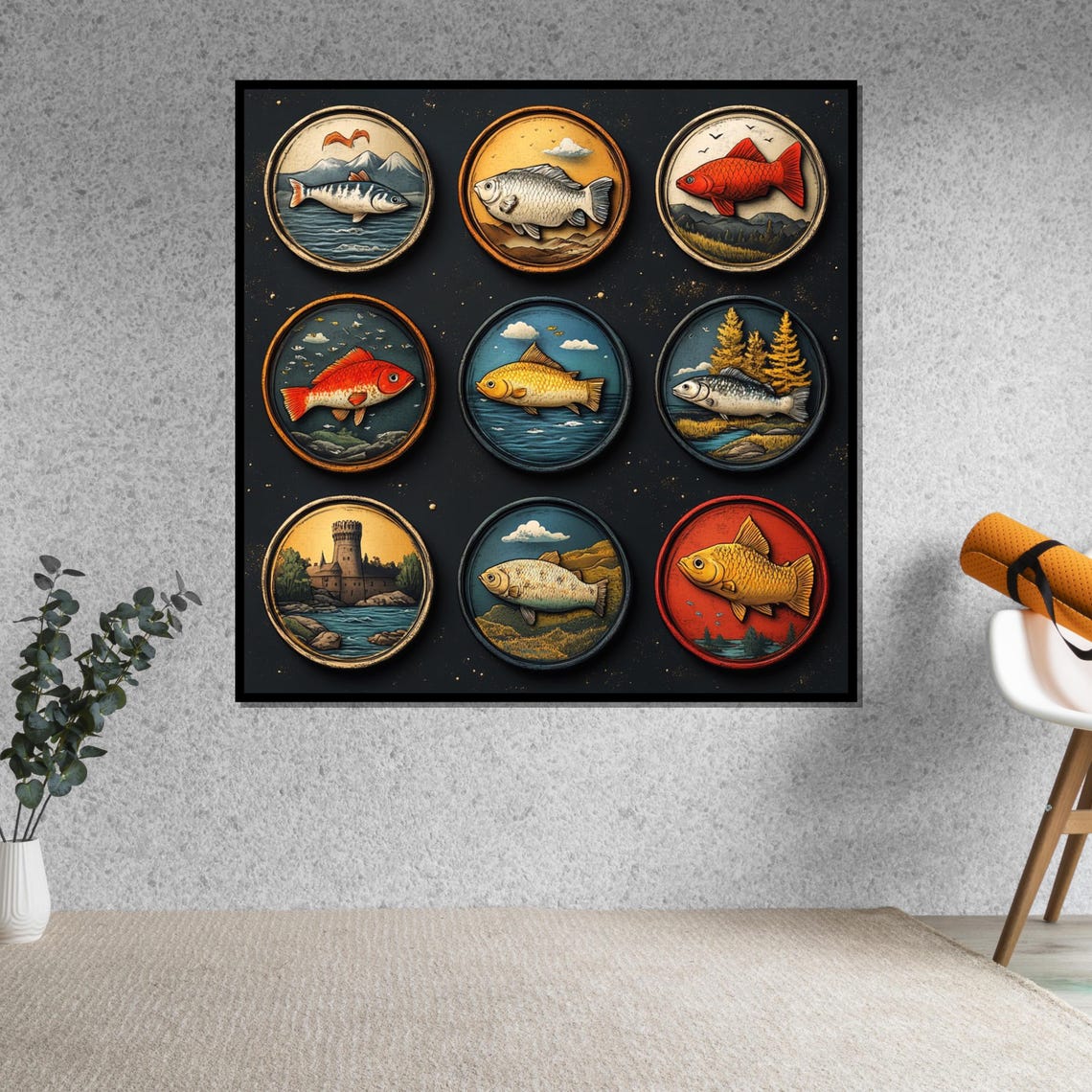 Nine Fish Medallions Vintage Nautical Grid Decorative Art Poster - Image 5