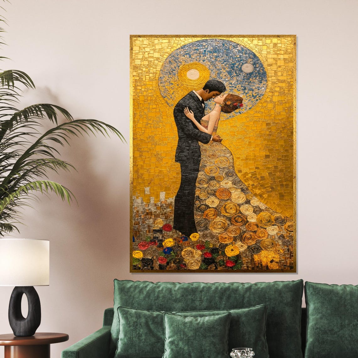 Shimmering Golden Mosaic Couple Kissing Klimt Style Romantic Poster