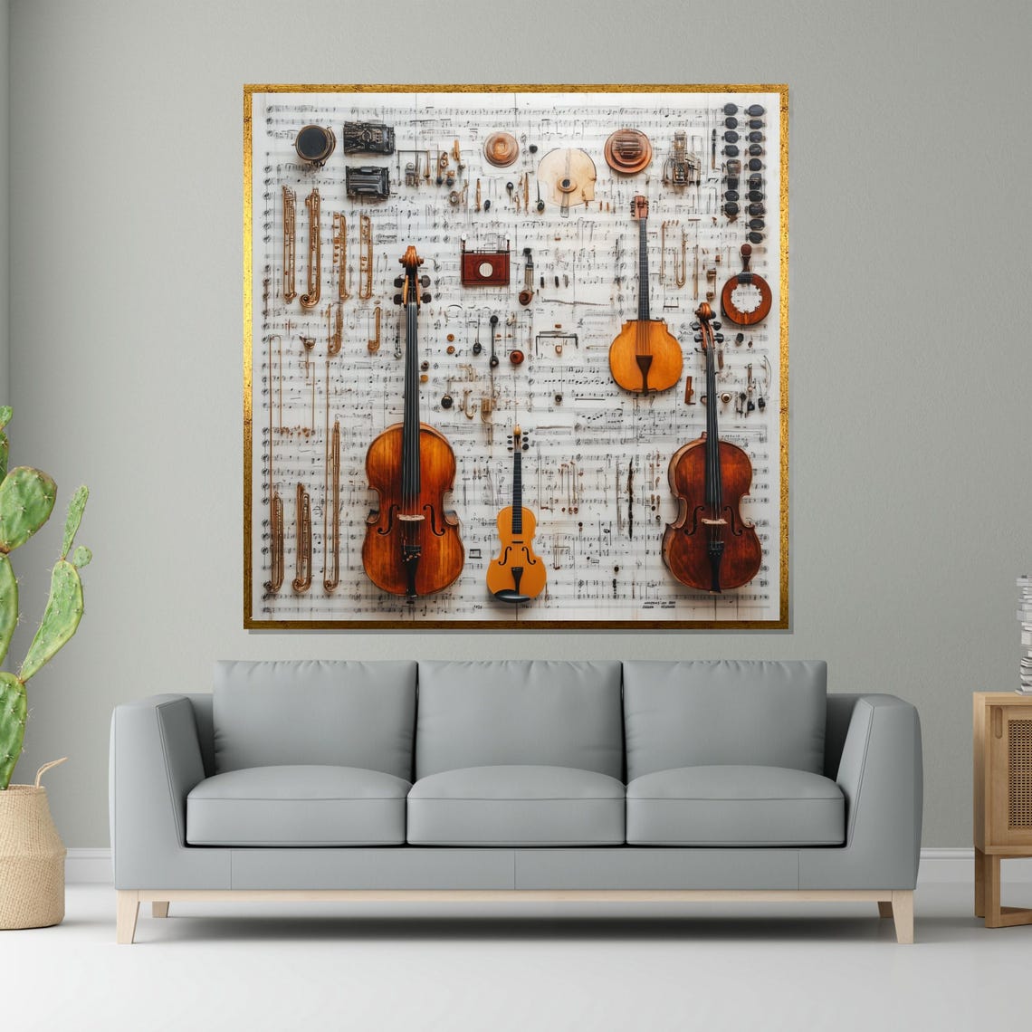 Classical String Instruments on Sheet Music Collage Art Poster