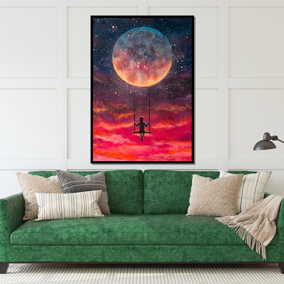 Girl On Swing Under Giant Moon Pink Clouds Dreamy Night Sky Poster - Image 5