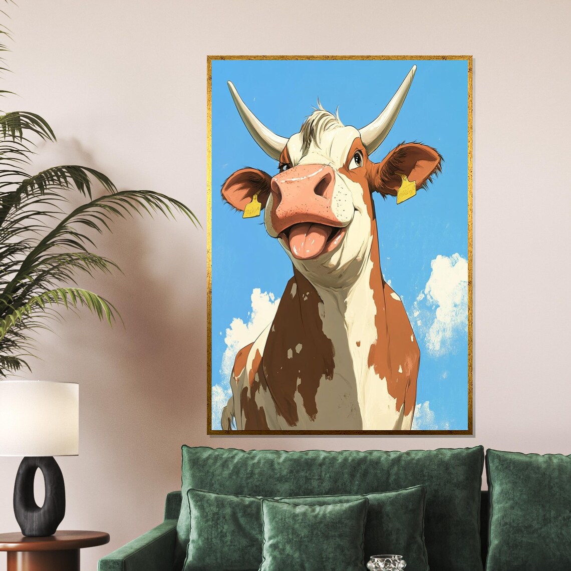 Smiling Cartoon Cow Bright Blue Sky Funny Farm Animal Art Poster