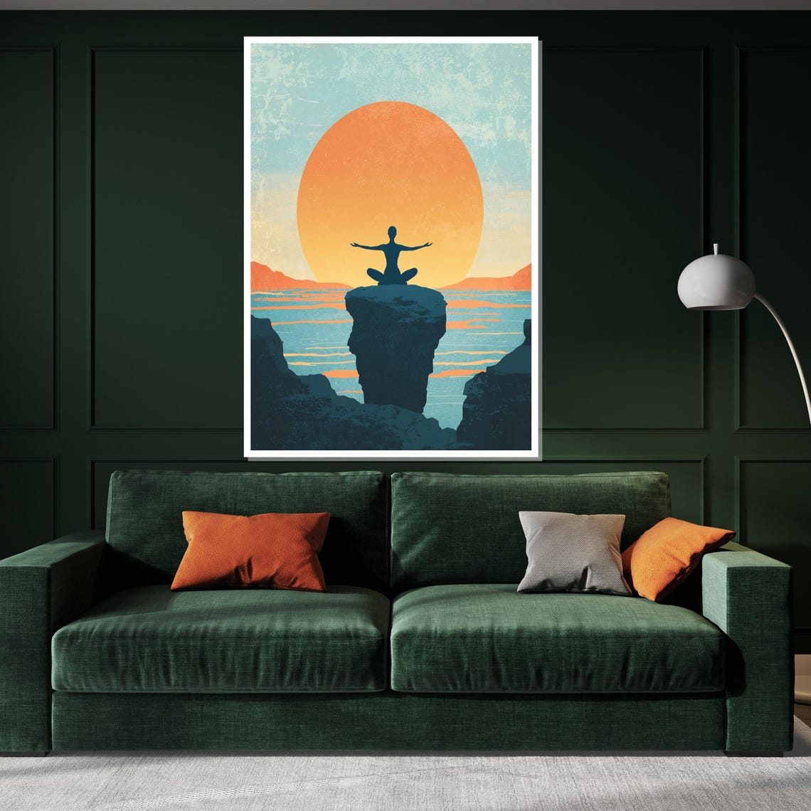 Meditator Silhouette on Cliff at Sunset Over Ocean Art Poster - Image 3